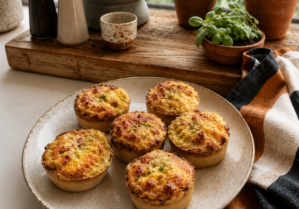 Protein mini quiches recipe with bacon, vegetables and cheese, beautifully styled on a ceramic plate for Magnolia Lane's Gather & Share recipe collection.