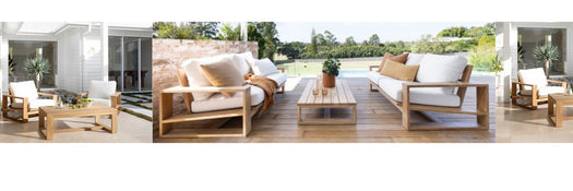 Outdoor alfresco sofa suite in coastal luxe style – relaxed seating with light tones and weather-resistant design