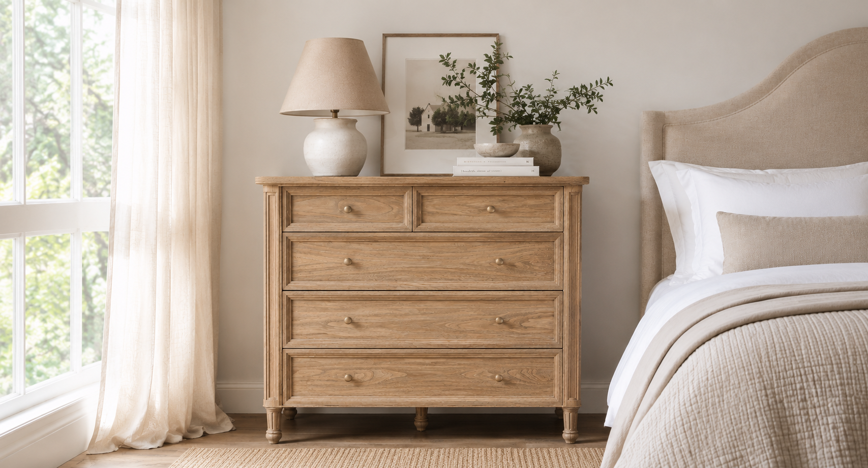 Whitsunday 5 Drawer Chest in White Cedar styled in a soft neutral modern bedroom with natural light, sheer linen curtains and premium coastal Australian interior design inspiration.