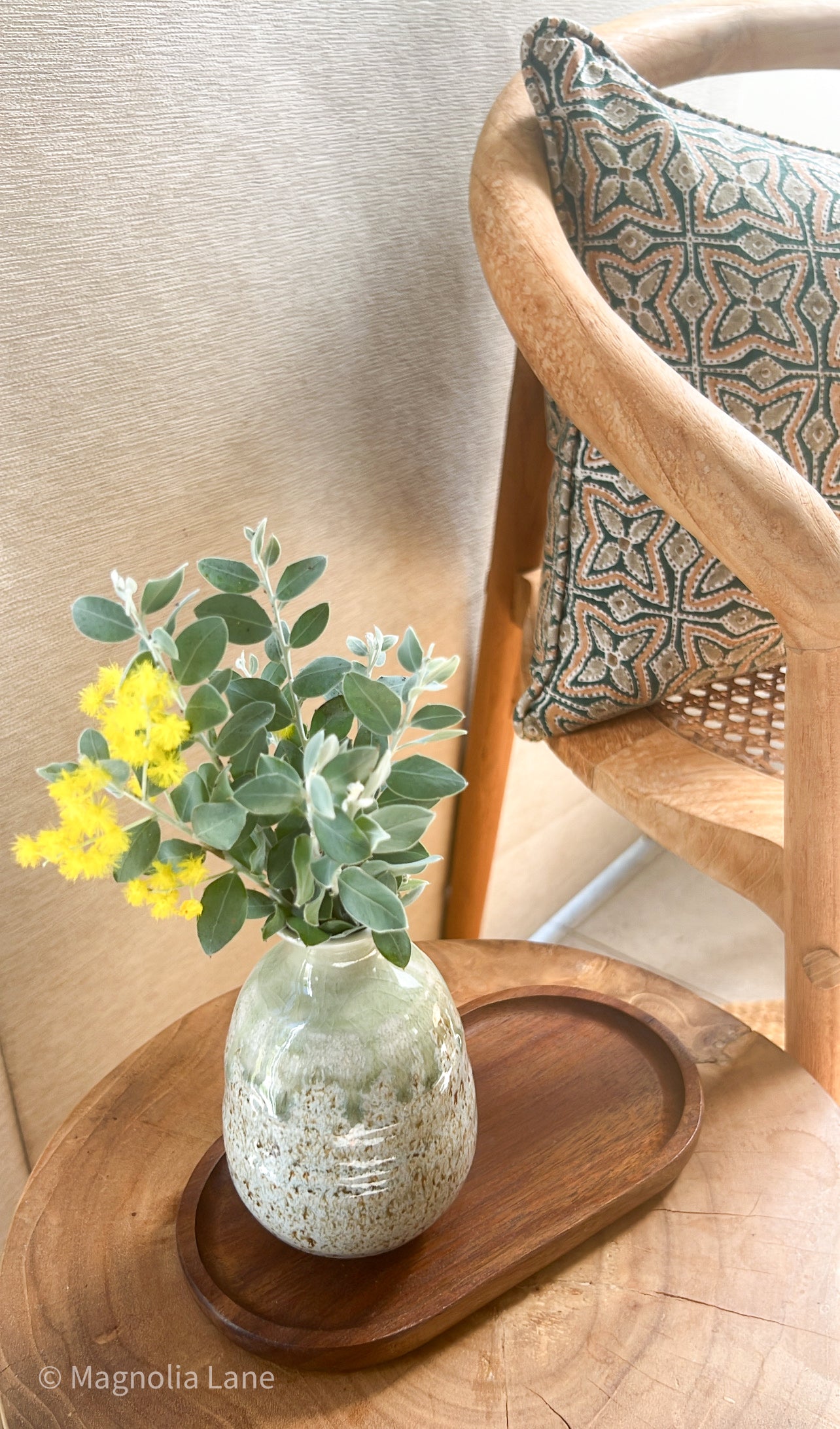 Handcrafted ceramic Sake Jug with light green drip glaze on a speckled finish, styled as a bud vase, with a beautiful Mt Morgan wattle cutting, in this little nook.