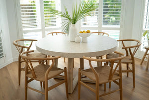 Round concrete dining table in ivory, Magnolia Lane coastal dining furniture