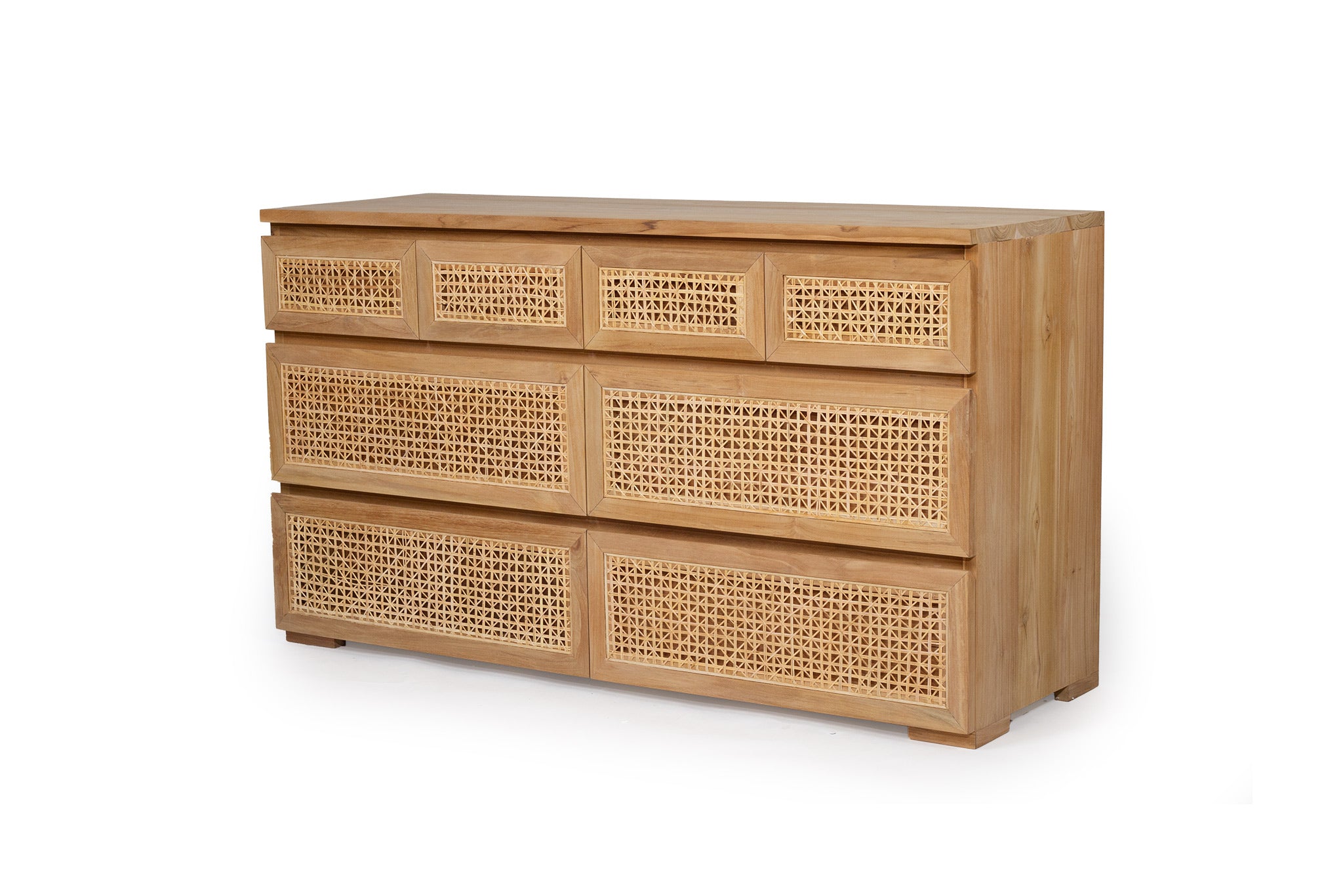 8D Rattan Chest of Drawers crafted from sustainable teak with finely sanded finish – durable and stylish storage for modern bedrooms. Front angle perspective