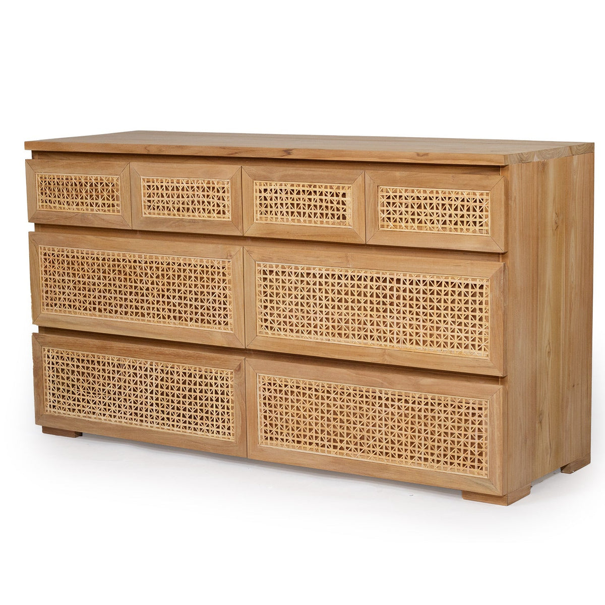 8D Rattan Chest of Drawers crafted from sustainable teak with finely sanded finish – durable and stylish storage for modern bedrooms. Front angle perspective