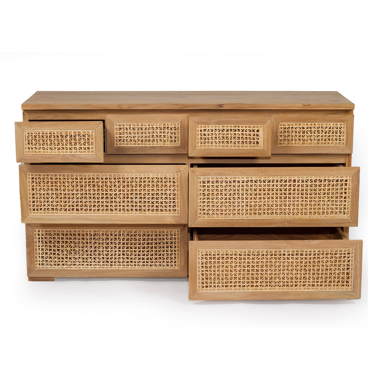 8D Rattan Chest of Drawers crafted from sustainable teak with finely sanded finish – durable and stylish storage for modern bedrooms. Front perspective