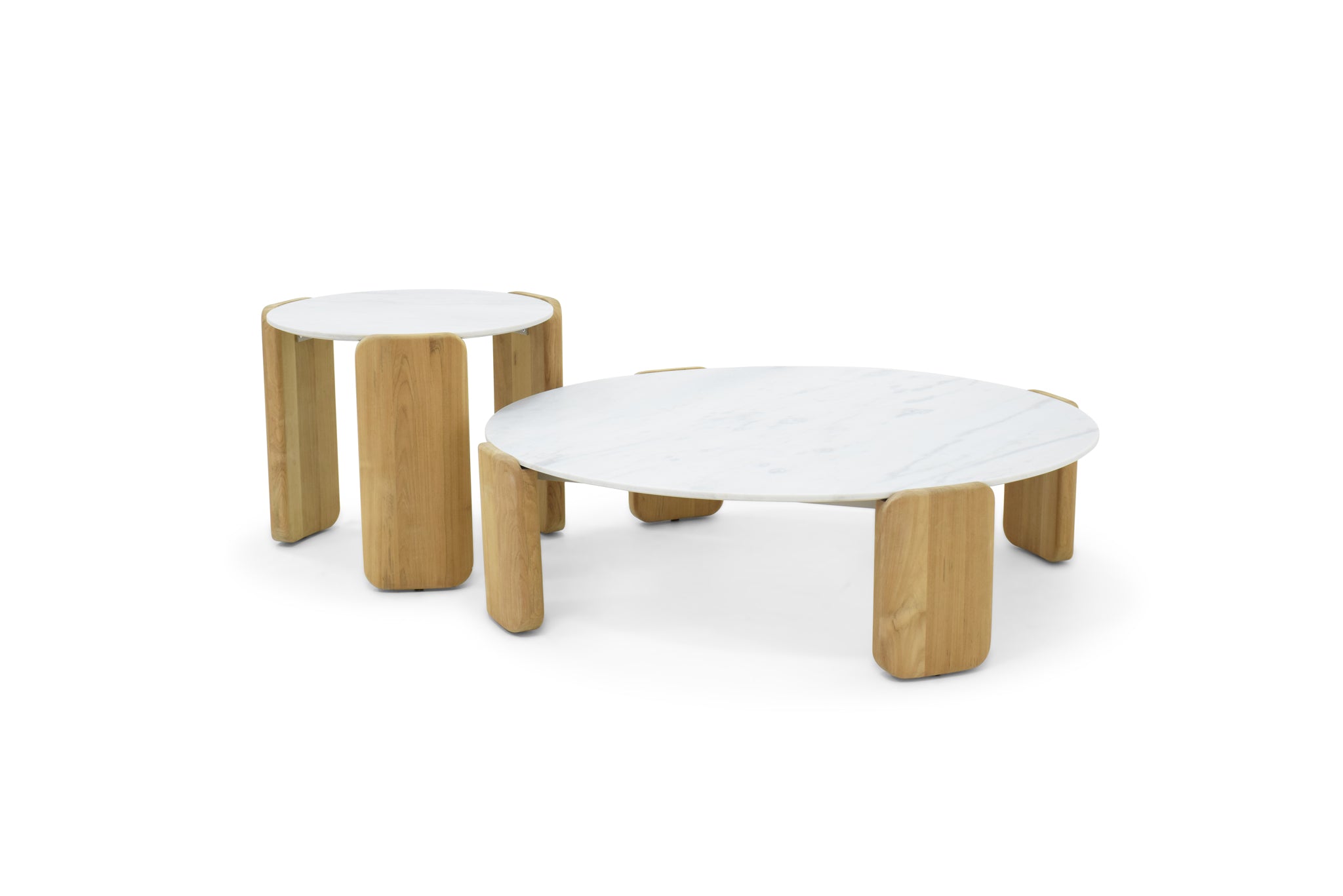 Ibiza full outdoor marble top side amd coffee table with teak legs. Magnolia Lane resort style living