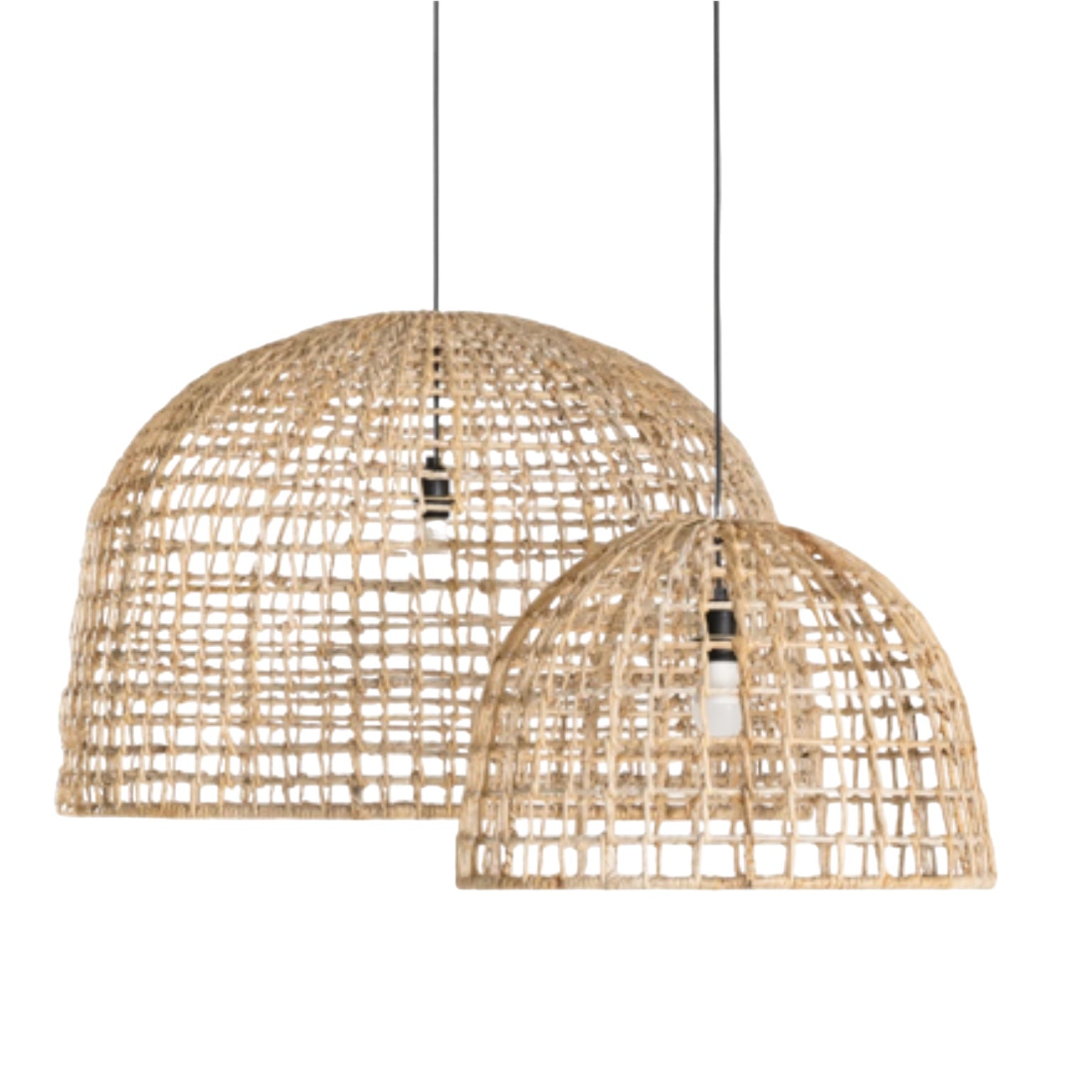 Uniqwa Lolesa Pendant Light Set made with banana leaf woven over an iron frame, sold through Magnolia Lane
