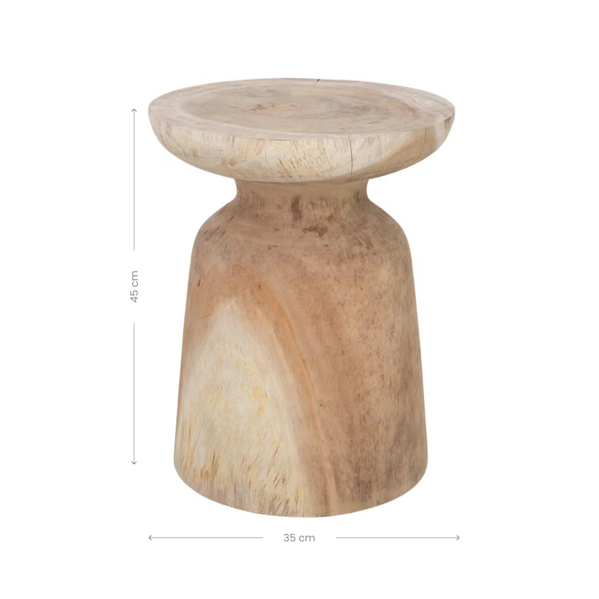 Akoni Side Table – hand-carved munggur wood side table with smooth sanded finish, unique natural design crafted using traditional techniques. Styled beautifully in this bedroom. Small dimentions.
