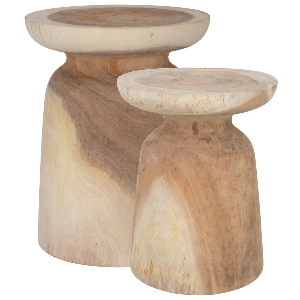 Akoni Side Table – hand-carved munggur wood side table with smooth sanded finish, unique natural design crafted using traditional techniques. Styled beautifully in this bedroom. Beautiful coastal furniture.