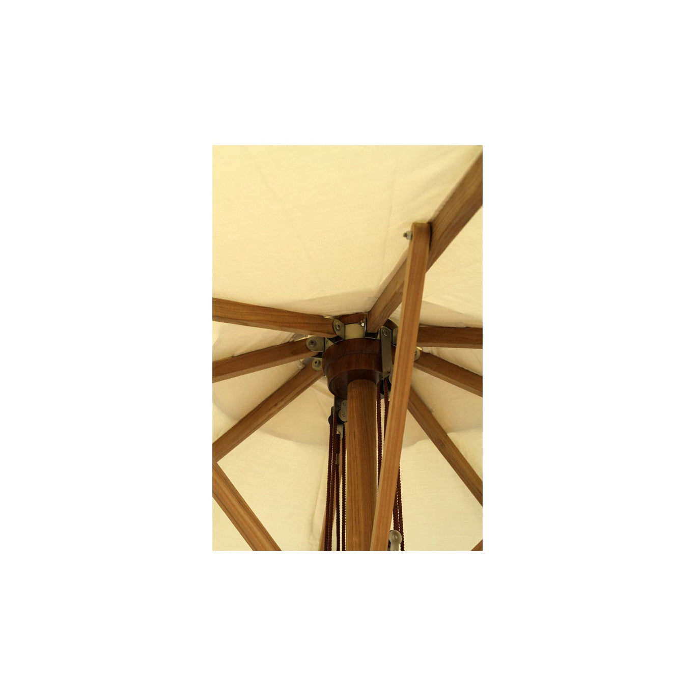 Amalfi Outdoor Parasol with teak pole and marine-grade fittings, round Sunproof Copacobana shade, elegant coastal outdoor umbrella for poolside or garden. Close up 3.