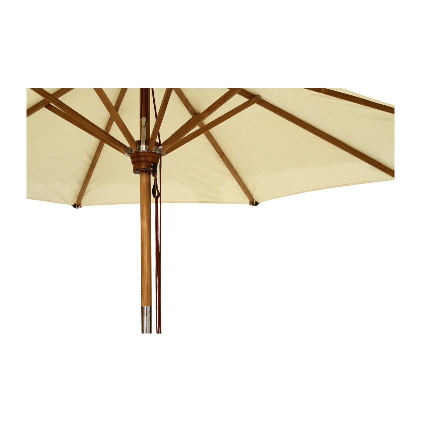 Amalfi Outdoor Parasol with teak pole and marine-grade fittings, round Sunproof Copacobana shade, elegant coastal outdoor umbrella for poolside or garden. Close up 1.