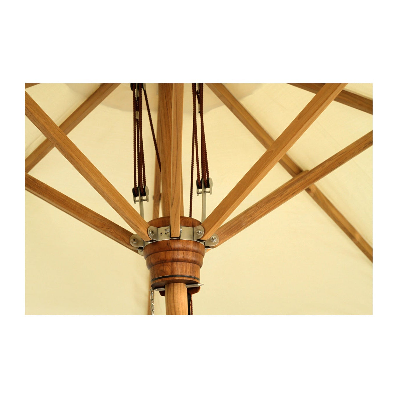 Amalfi Outdoor Parasol with teak pole and marine-grade fittings, round Sunproof Copacobana shade, elegant coastal outdoor umbrella for poolside or garden. Close up 2.