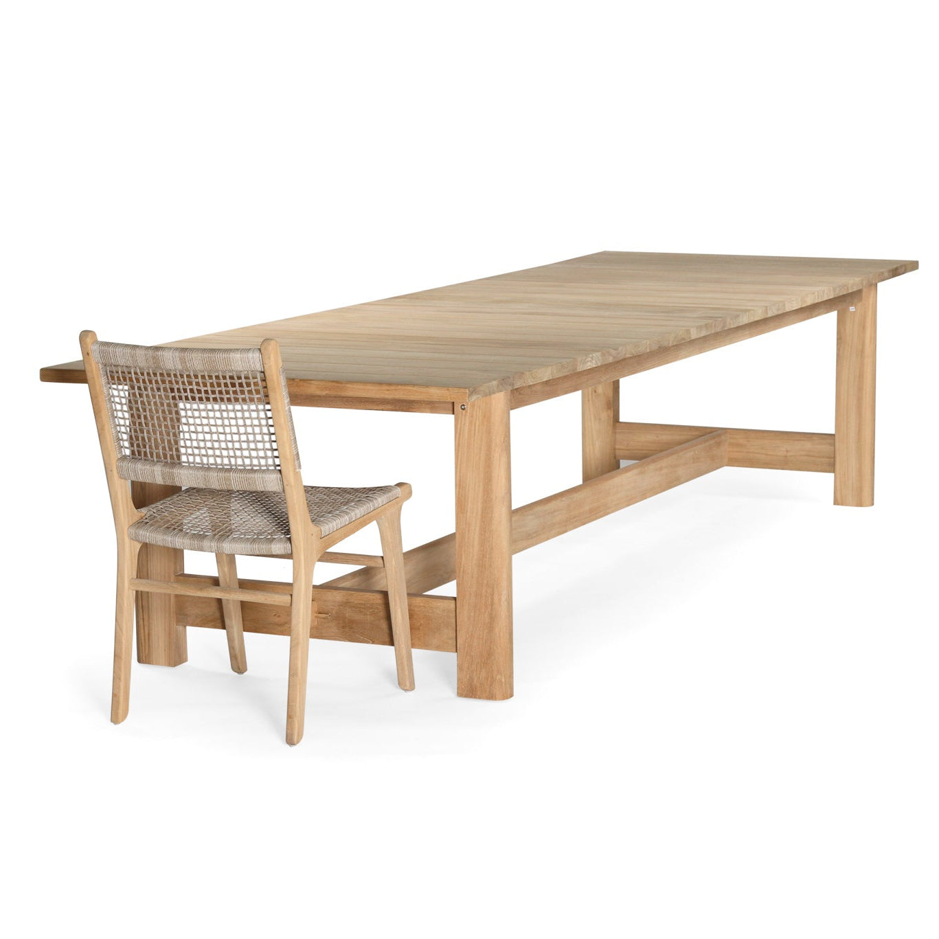 Amalfi outdoor dining table in A-grade teak with dining chair showing seating position