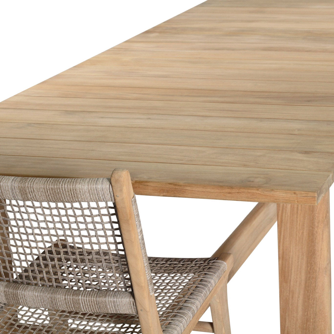 Amalfi outdoor dining table in A-grade teak with dining chair showing seating position-close up
