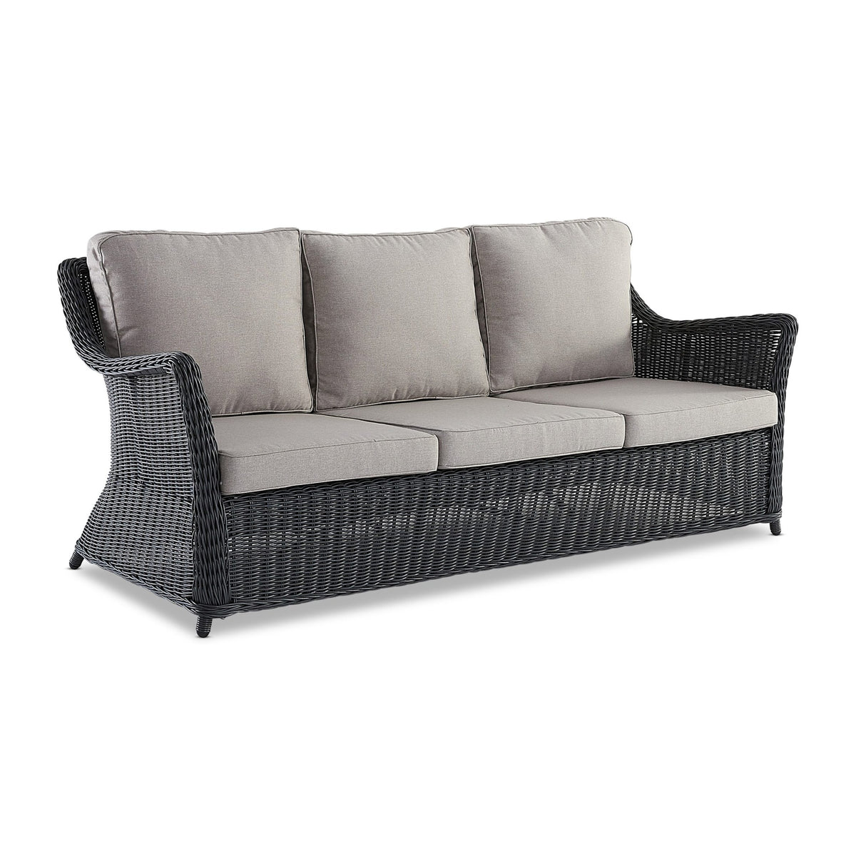 Ashford outdoor three-seater sofa in Anthracite woven finish with light grey seat and back cushions, front angled view