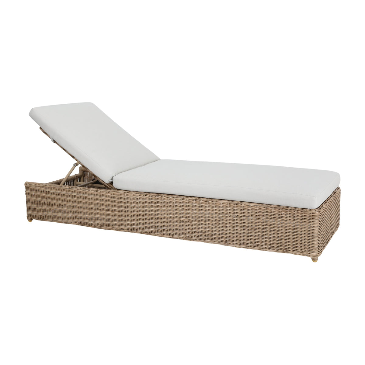 Ashford outdoor sun lounger in Natural weave with a light cushion and raised backrest, front angled view