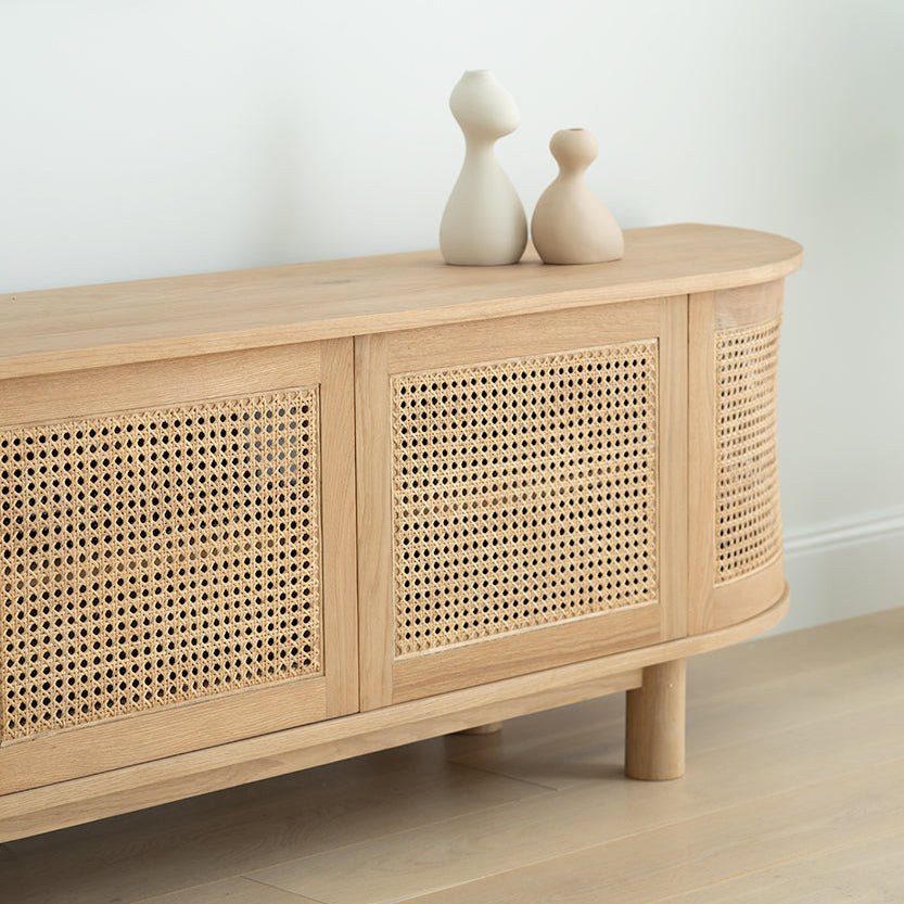 Beach Six Door Entertainment Unit styled in coastal home interior showing curved end detail