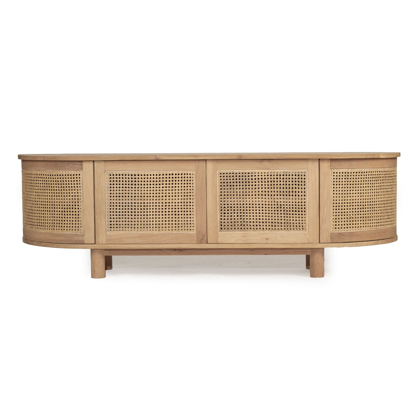 Beach 4 door entertainment unit in solid American oak with curved edges front view