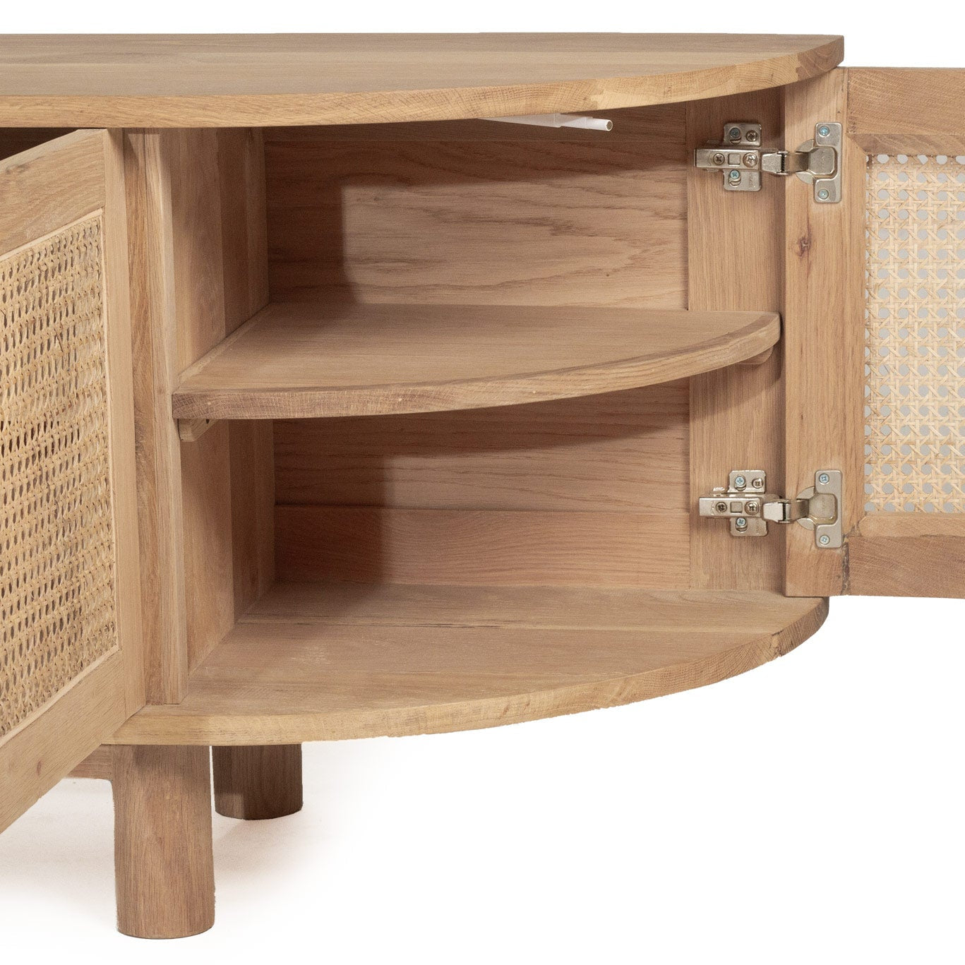 Beach 4 door entertainment unit with curved edges and internal shelving doors open view-corner