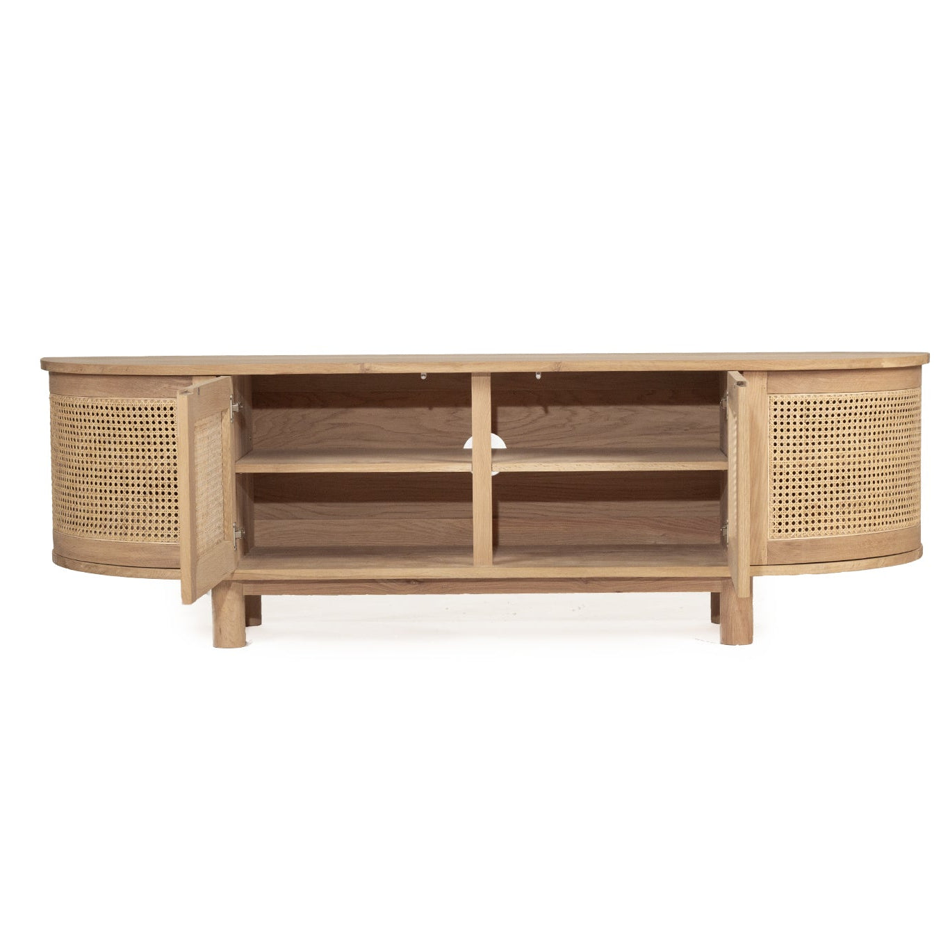Beach 4 door entertainment unit with curved edges and internal shelving doors open view