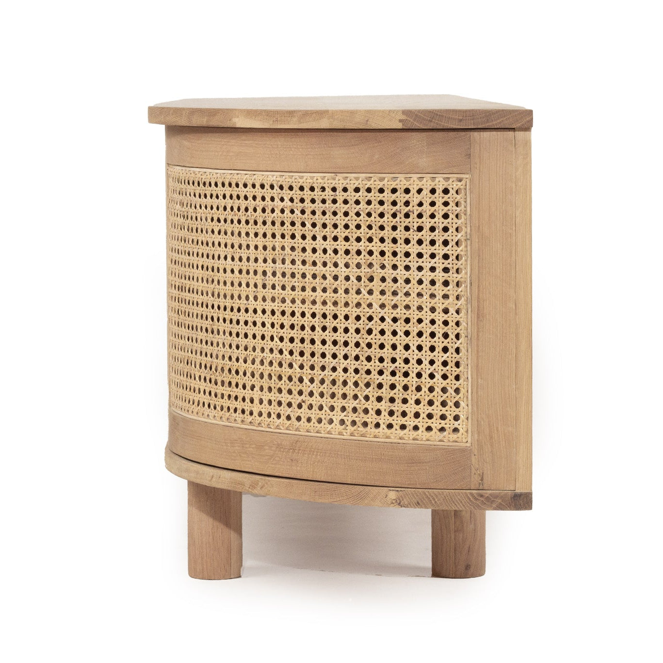 Entertainment unit with curved edge ends in solid oak side view