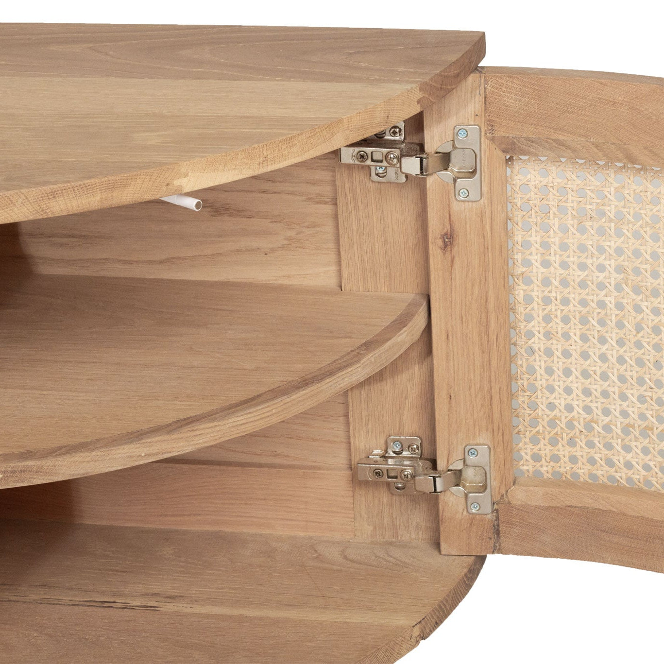 Beach 4 door entertainment unit with curved edges and internal shelving doors open view - corner 1