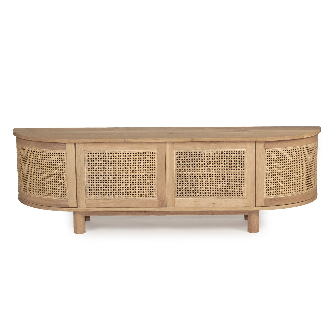 Solid oak 4 door entertainment unit with curved edges and rattan doors front view