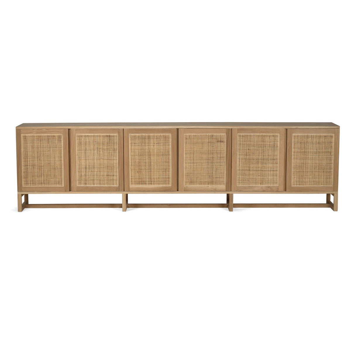Beach House 300cm natural oak and rattan sideboard, front view showing the full 300cm-wide oak cabinet