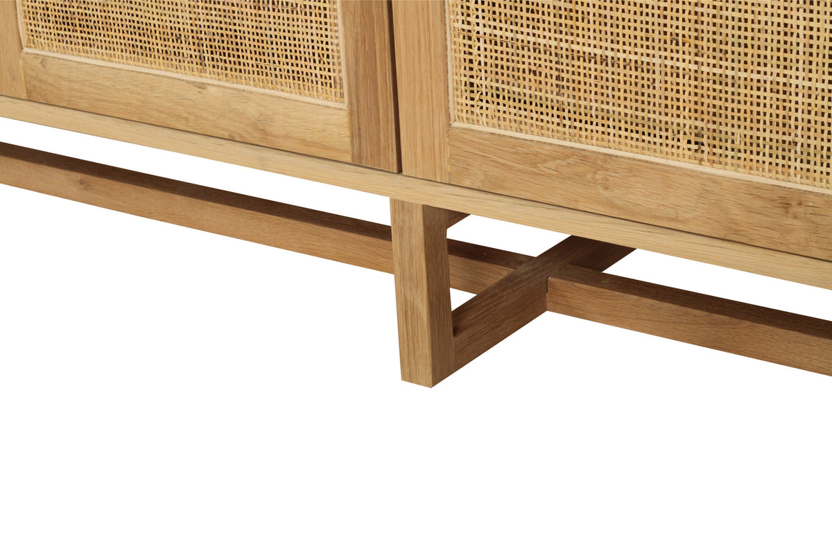 Beach House 300cm natural oak and rattan sideboard, close-up of the rattan doors, timber legs and supporting base