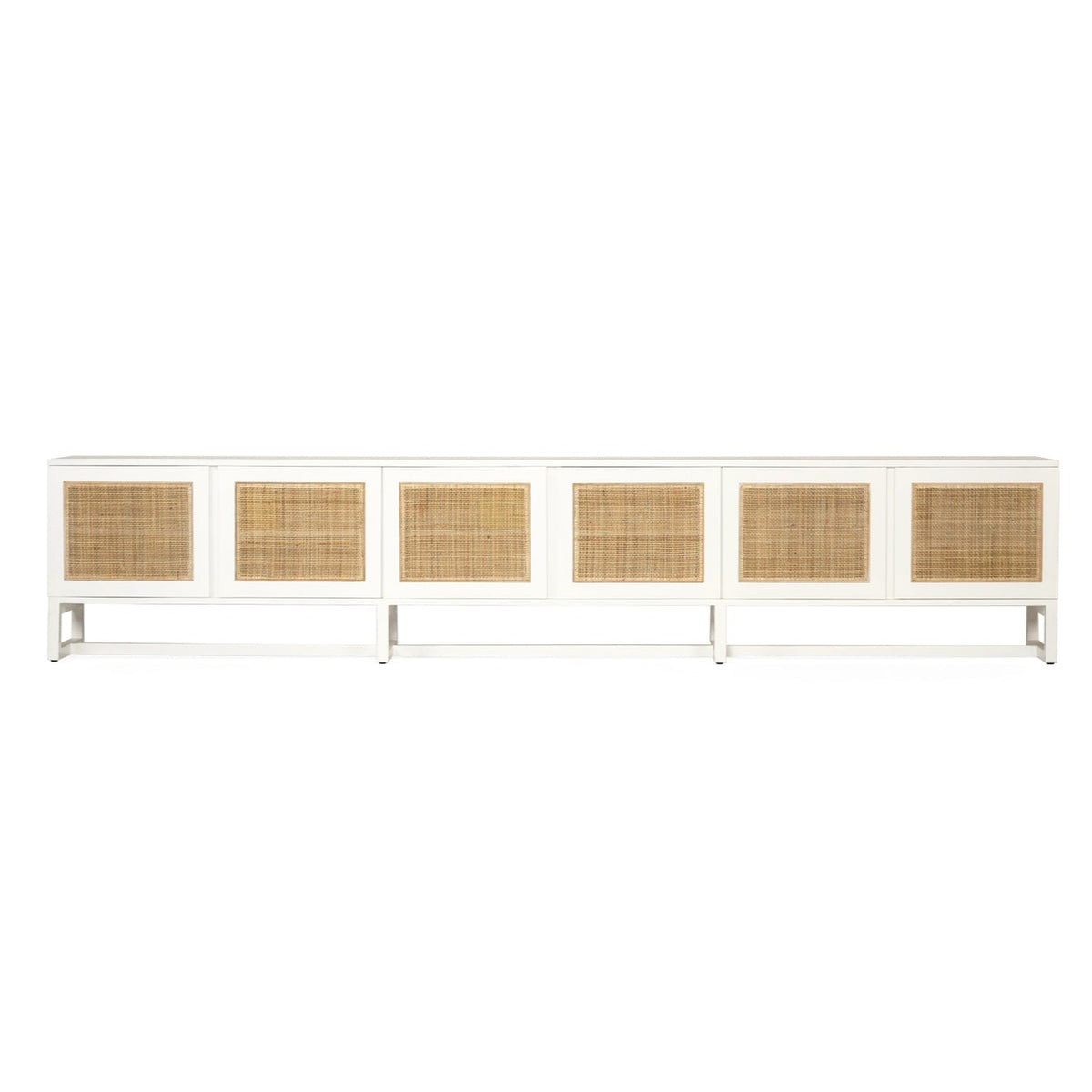 Beach House 300cm white and rattan entertainment unit, front hero view showing six natural rattan doors and a raised white base
