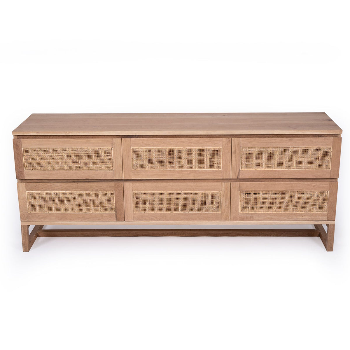 Elevated front view of the Beach House six-drawer chest in natural oak