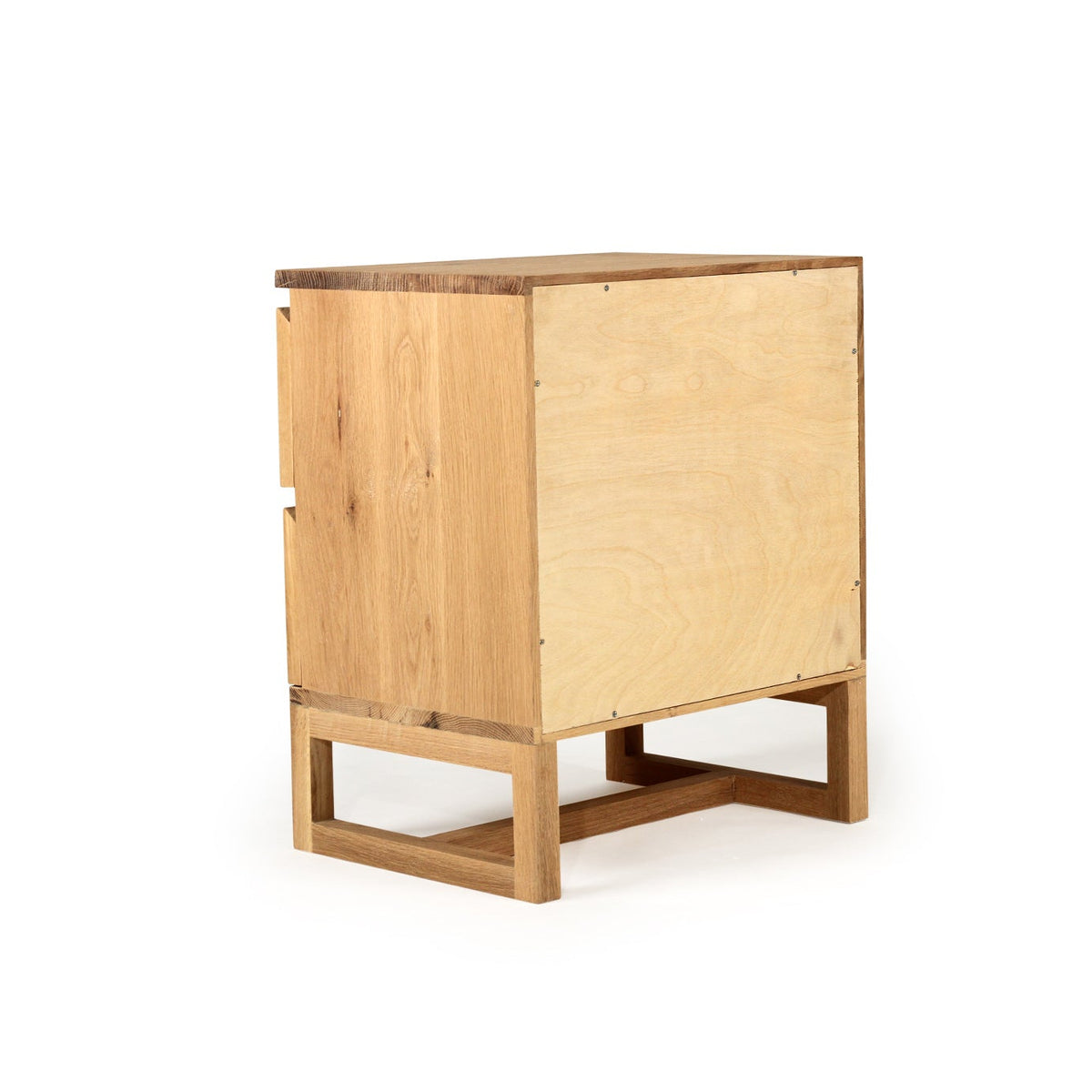 Beach House Wide coastal bedside table in natural oak with rattan doors, back view