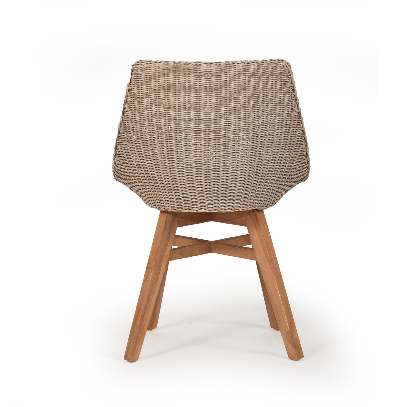 Back view of Beach House Outdoor Dining Chair showing Mushroom Viro cord and natural teak frame