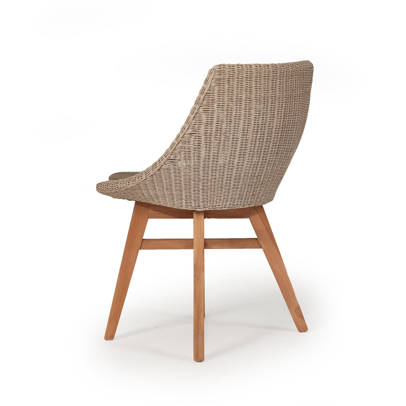 Rear angled view of Beach House Outdoor Dining Chair in Mushroom Viro cord and natural teak