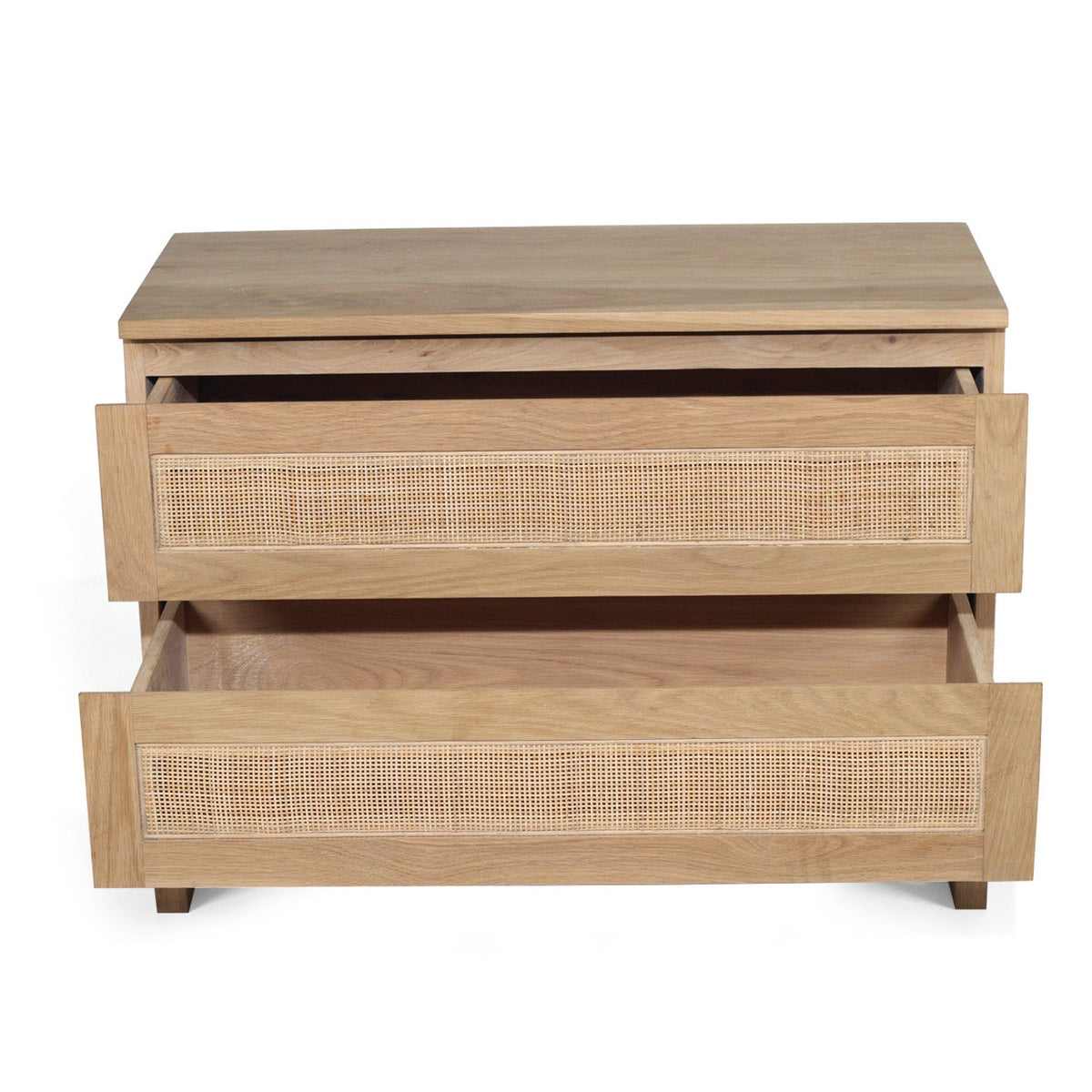 Beach House Wide bedside table with rattan doors open, showing interior storage