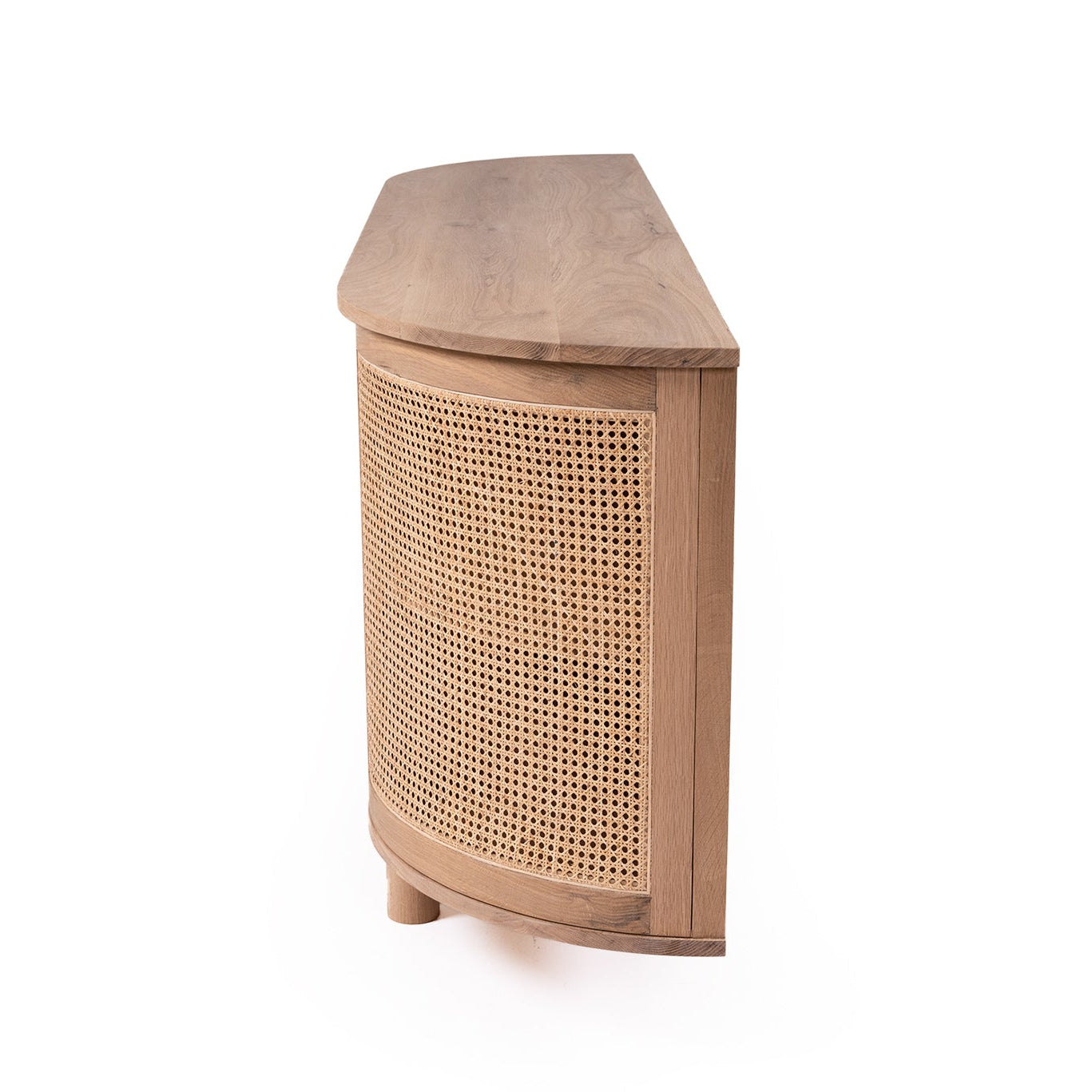 Solid oak sideboard with rattan doors and curved edges side view