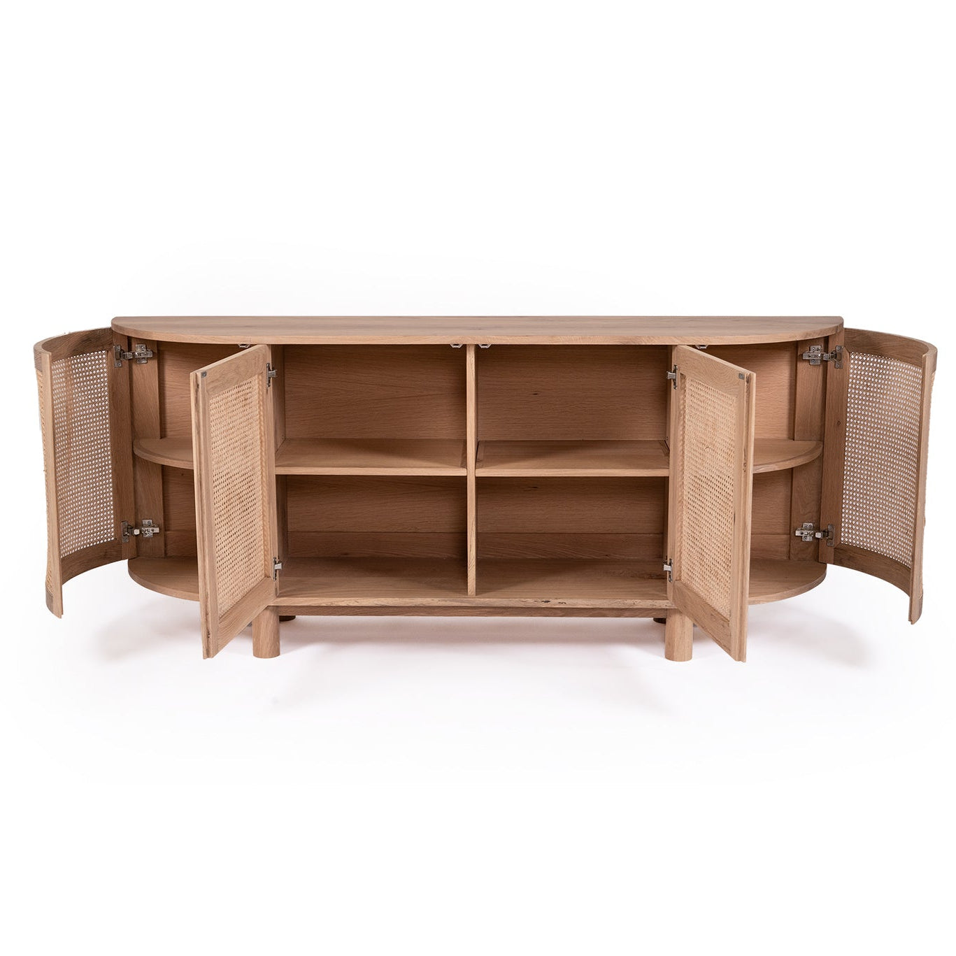 Push to open door mechanism on handle free oak sideboard close up