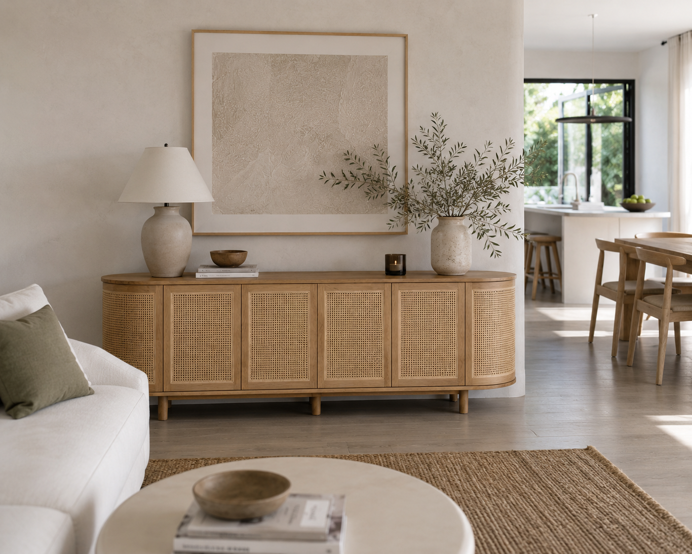 Beach Six Door American Oak & Rattan Sideboard styled in a bright open-plan living and dining room with natural light, contemporary Australian coastal interiors, textured artwork and premium designer furniture inspiration.