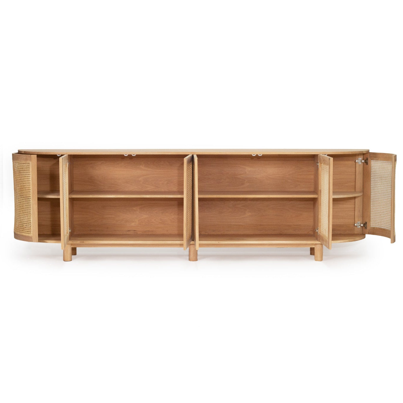 Beach Six Door Sideboard showing push-to-open doors and adjustable shelving - doors open.