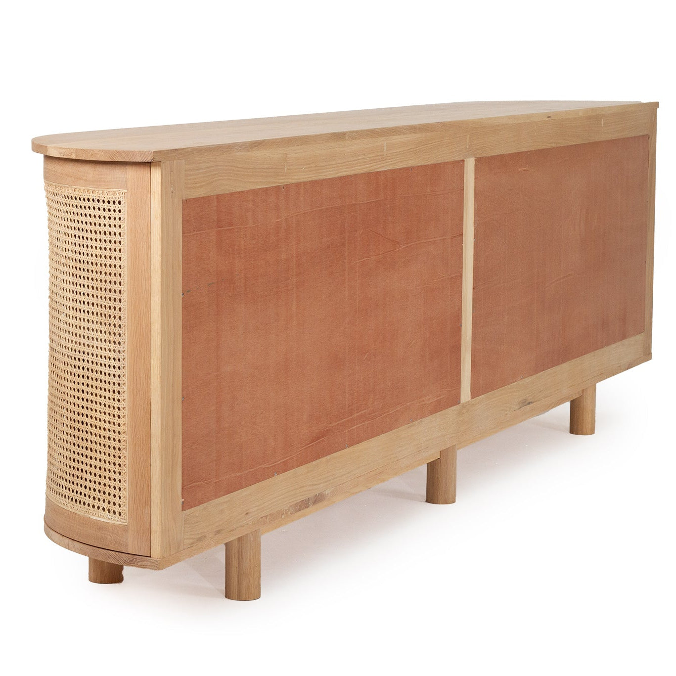 Curved edge Beach Six Door Sideboard in solid American oak with woven natural rattan doors - back view.