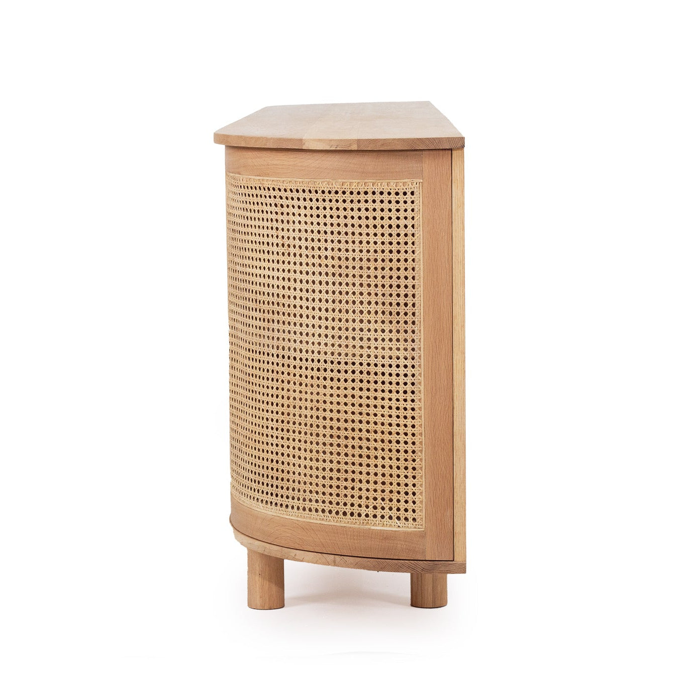 Beach Six Door Sideboard handcrafted from solid American oak with natural rattan doors and curved edges - side view.