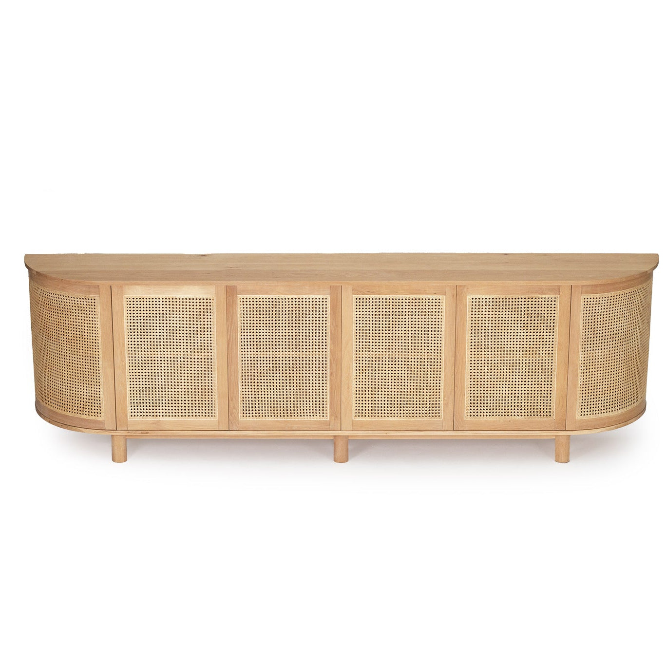 Beach Six Door Sideboard handcrafted from solid American oak with natural rattan doors and curved edges.