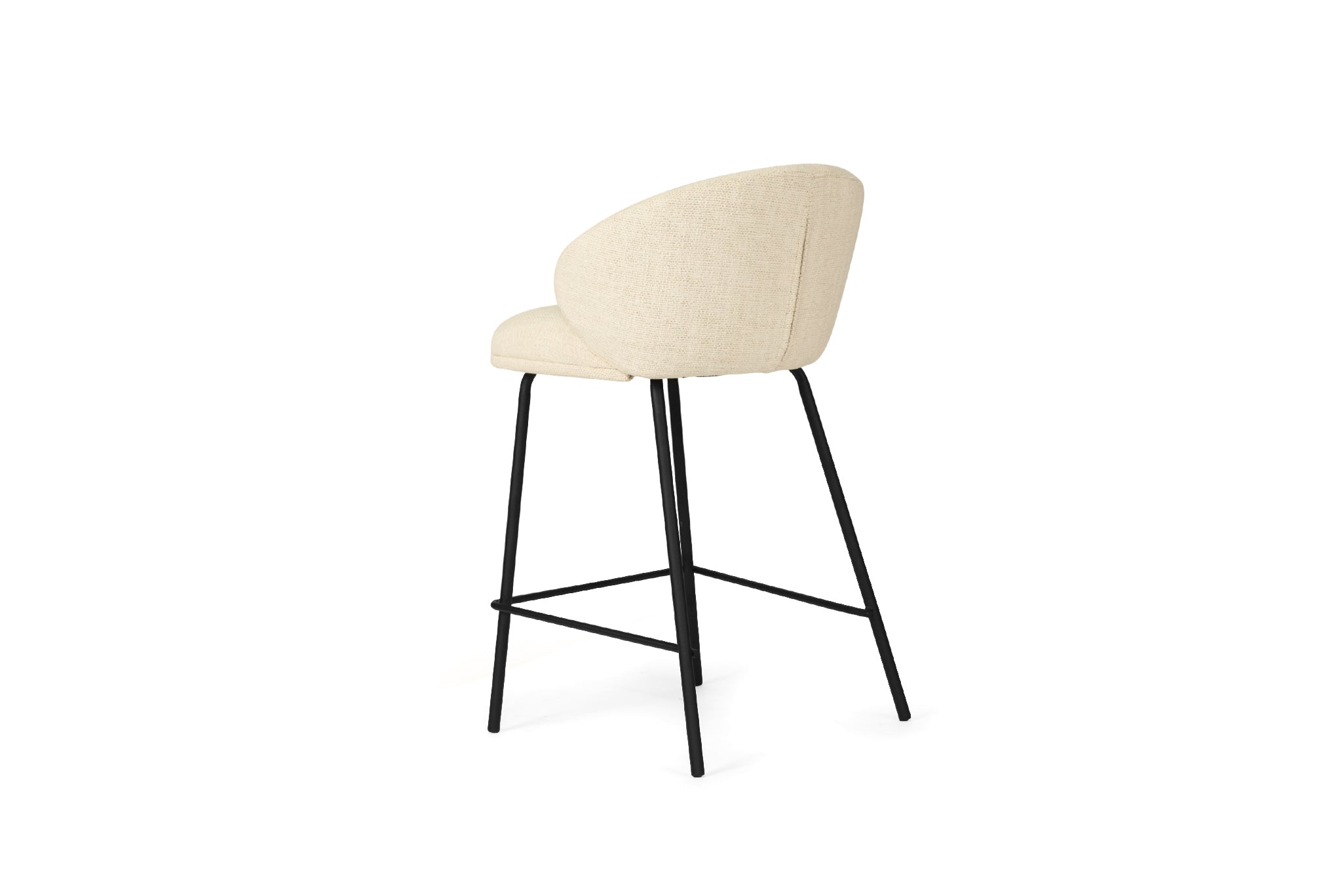 Bellevue Counter Stool with padded natural fabric seat and back, slim black powder-coated steel frame, modern elegant design. Back angle perspective.