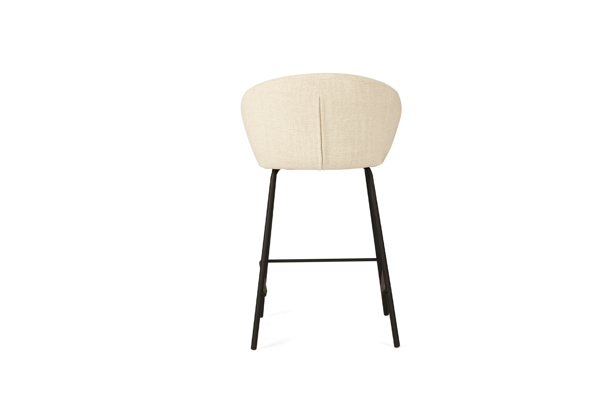 Bellevue Counter Stool with padded natural fabric seat and back, slim black powder-coated steel frame, modern elegant design. Back perspective.