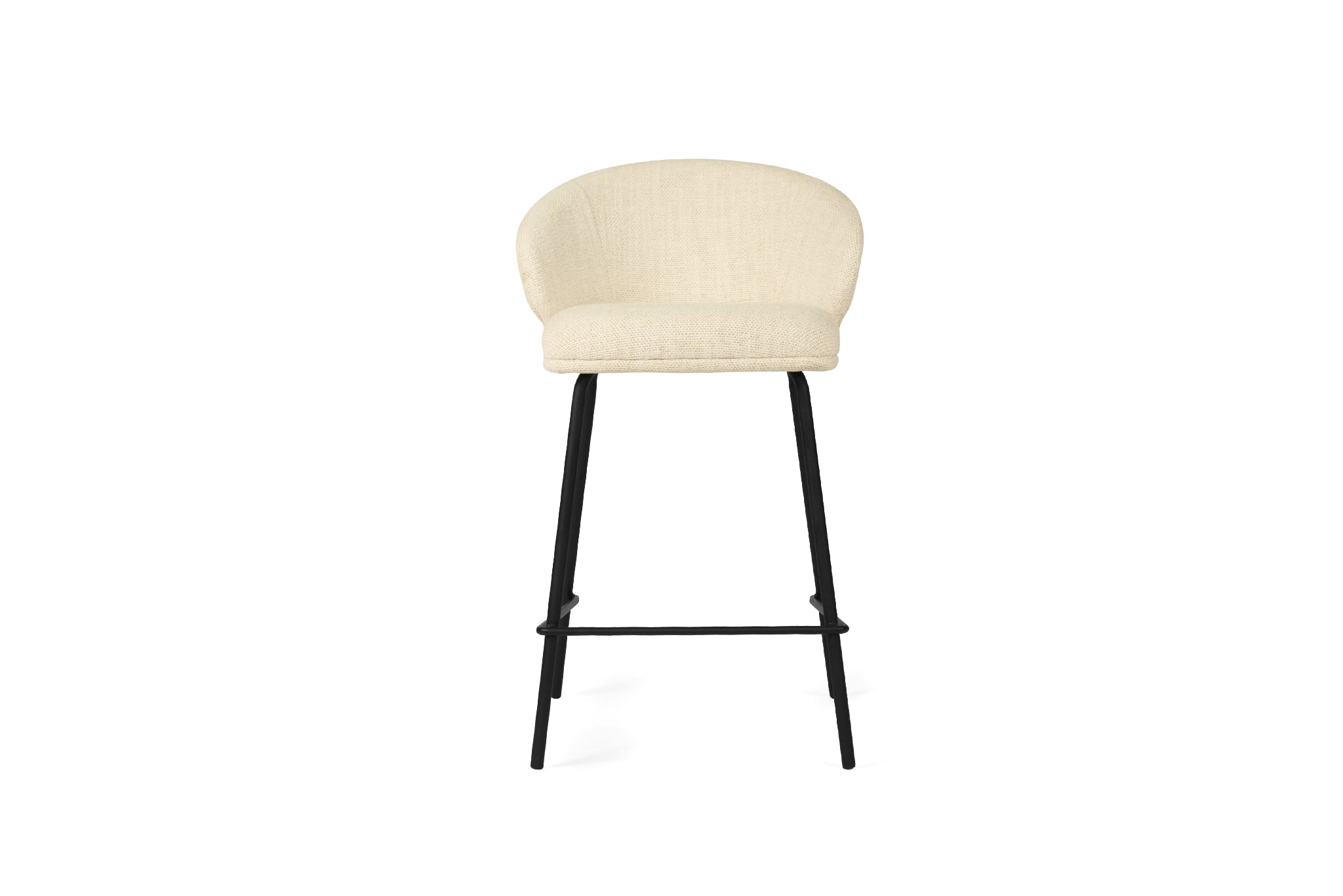 Bellevue Counter Stool with padded natural fabric seat and back, slim black powder-coated steel frame, modern elegant design. Front perspective.