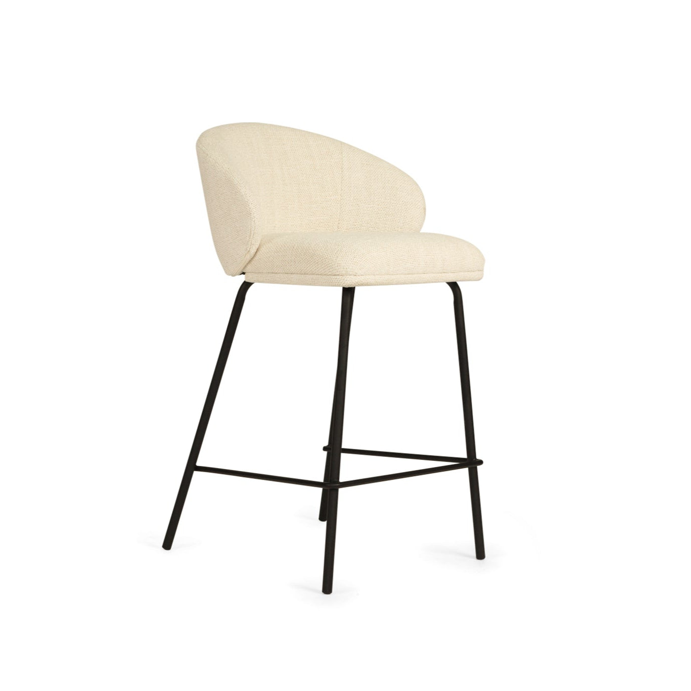 Bellevue Counter Stool with padded natural fabric seat and back, slim black powder-coated steel frame, modern elegant design