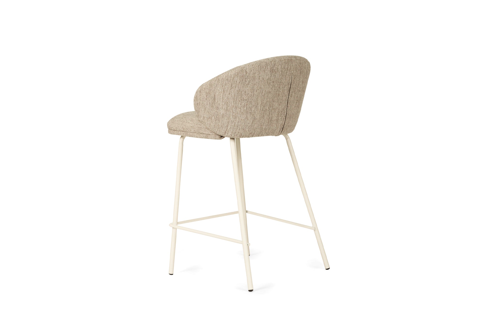 Bellevue Counter Stool with padded Pebble fabric seat and back, slim white powder-coated steel frame, modern elegant design. Back angle perspective.