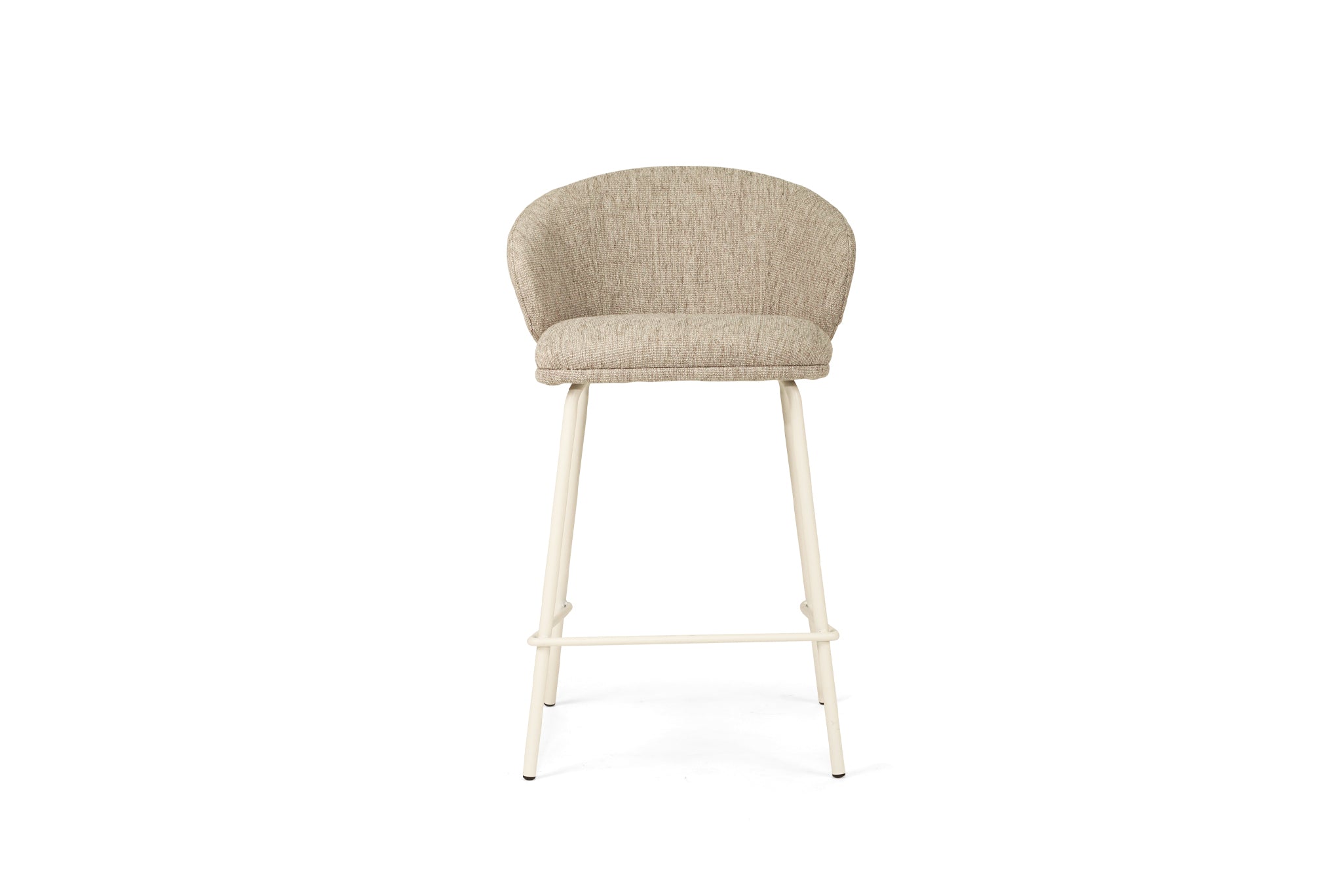 Bellevue Counter Stool with padded Pebble fabric seat and back, slim white powder-coated steel frame, modern elegant design. Front perspective.