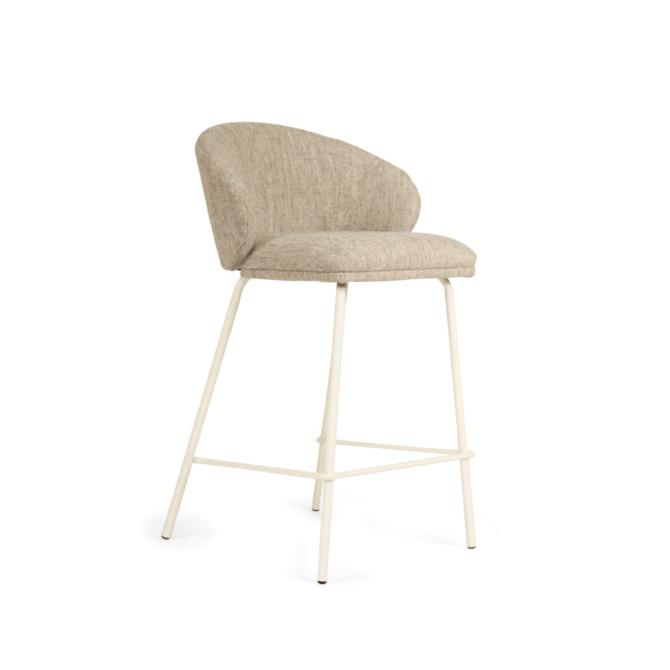 Bellevue Counter Stool with padded Pebble fabric seat and back, slim white powder-coated steel frame, modern elegant design