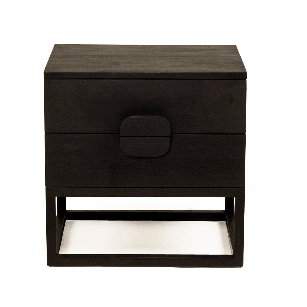 Elevated front view of the Benji black teak bedside table showing two drawers and raised base