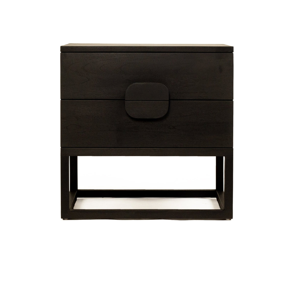 Benji Bedside Table Black in solid teak with raised timber base, front view